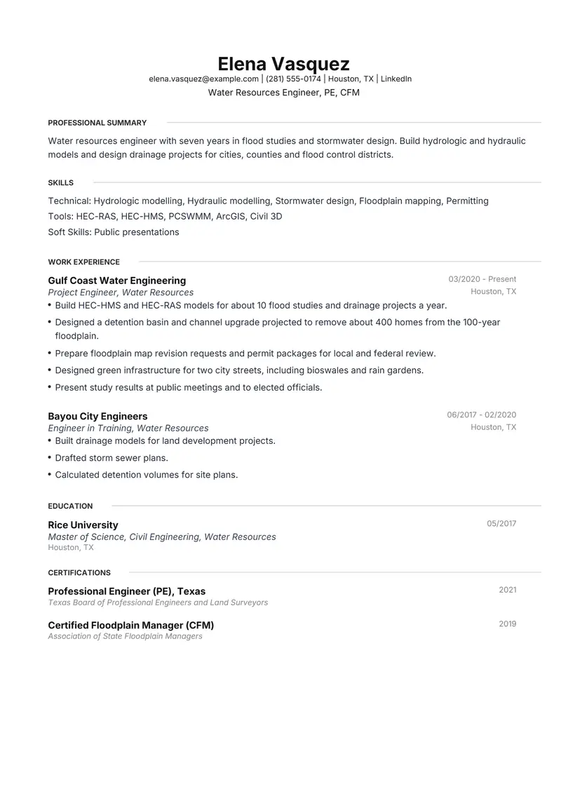 Water Resources Engineer resume template sample in Meridian, page 1: fictional Water Resources Engineer, PE, CFM