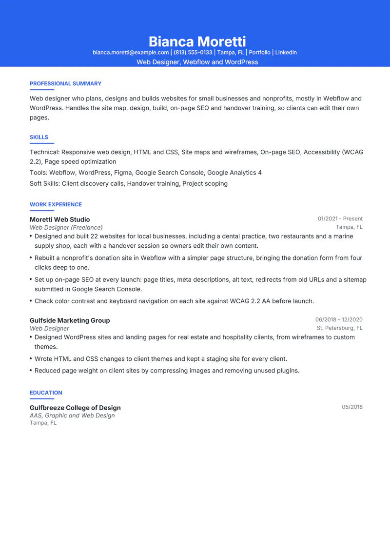 Web Designer resume template sample in Olivia, page 1: fictional Web Designer, Webflow and WordPress