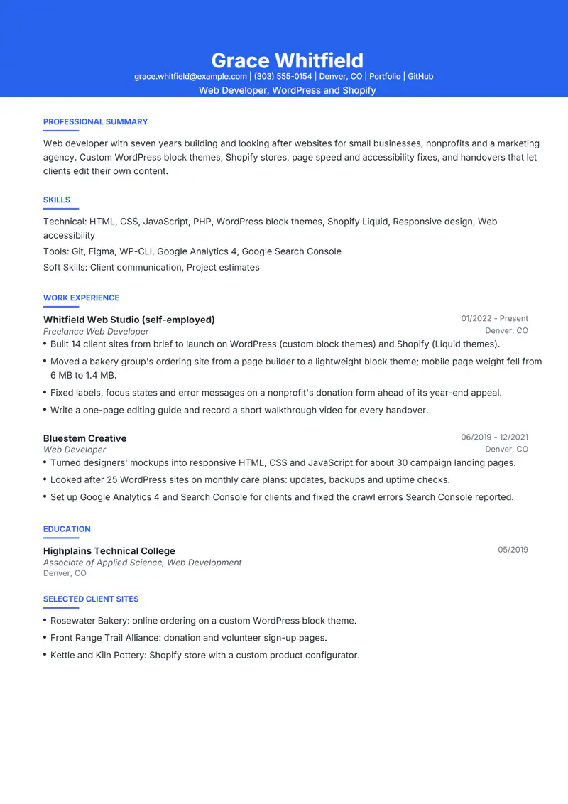 Web Developer resume template sample in Olivia, page 1: fictional Web Developer, WordPress and Shopify