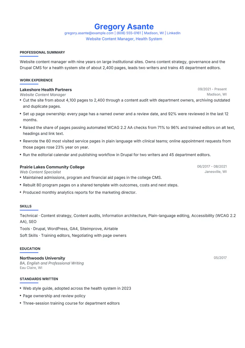 Website Content Manager resume template sample in Leslie, page 1: fictional Website Content Manager, Health System