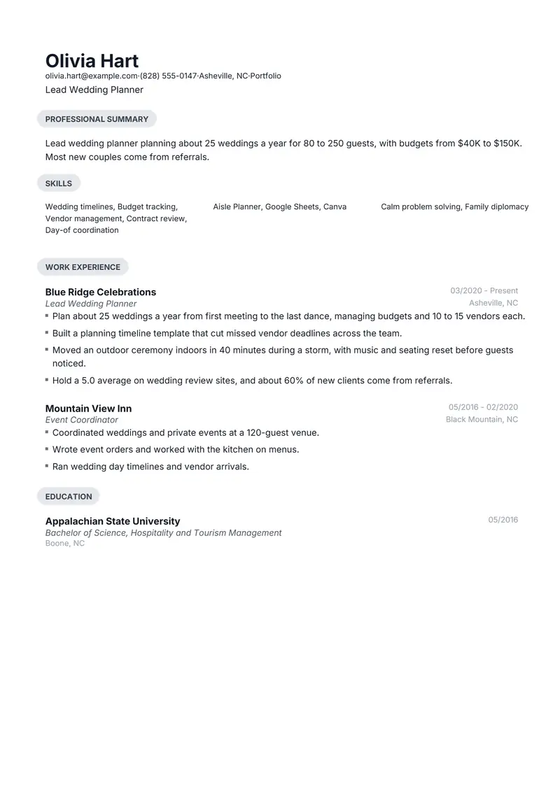 Wedding Planner resume template sample in Daniel, page 1: fictional Lead Wedding Planner