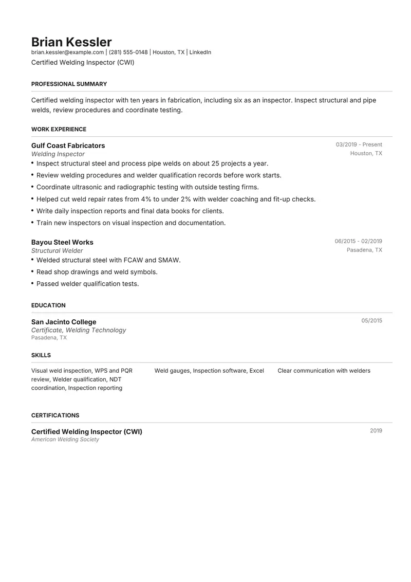 Welding Inspector resume template sample in Henrietta, page 1: fictional Certified Welding Inspector (CWI)