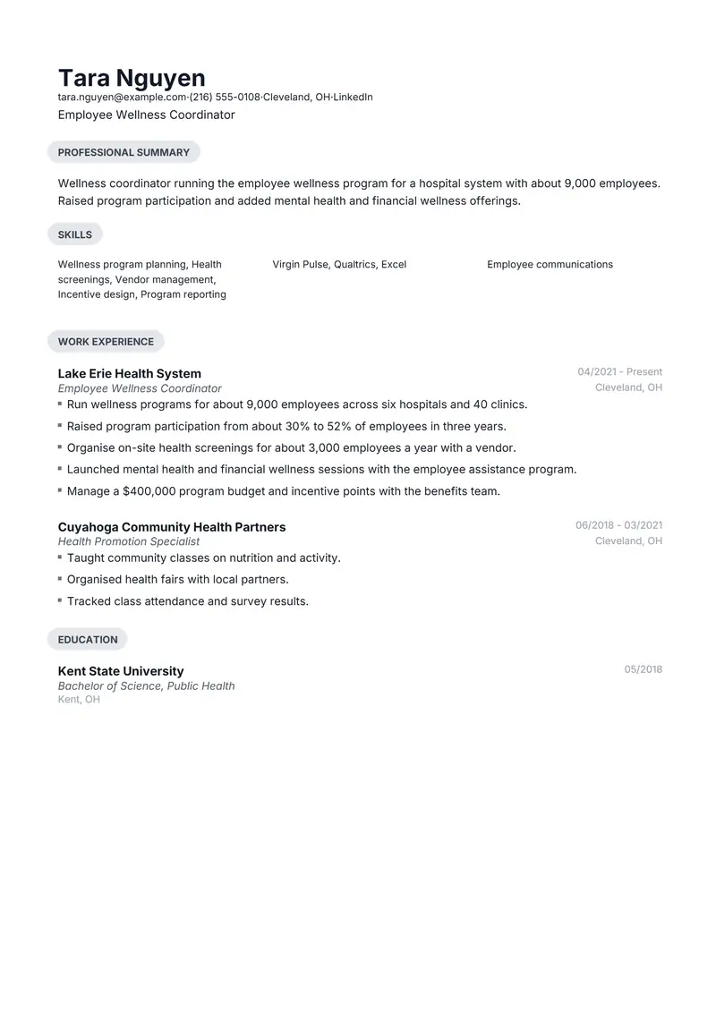Wellness Coordinator resume template sample in Daniel, page 1: fictional Employee Wellness Coordinator