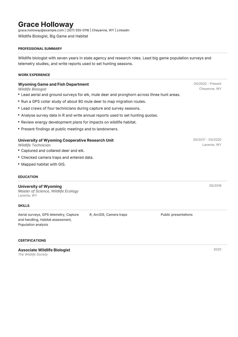 Wildlife Biologist resume template sample in Henrietta, page 1: fictional Wildlife Biologist, Big Game and Habitat