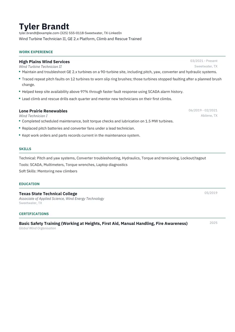 Wind Turbine Technician resume template sample in Catalyst, page 1: fictional Wind Turbine Technician II, GE 2.x Platform, Climb and Rescue Trained