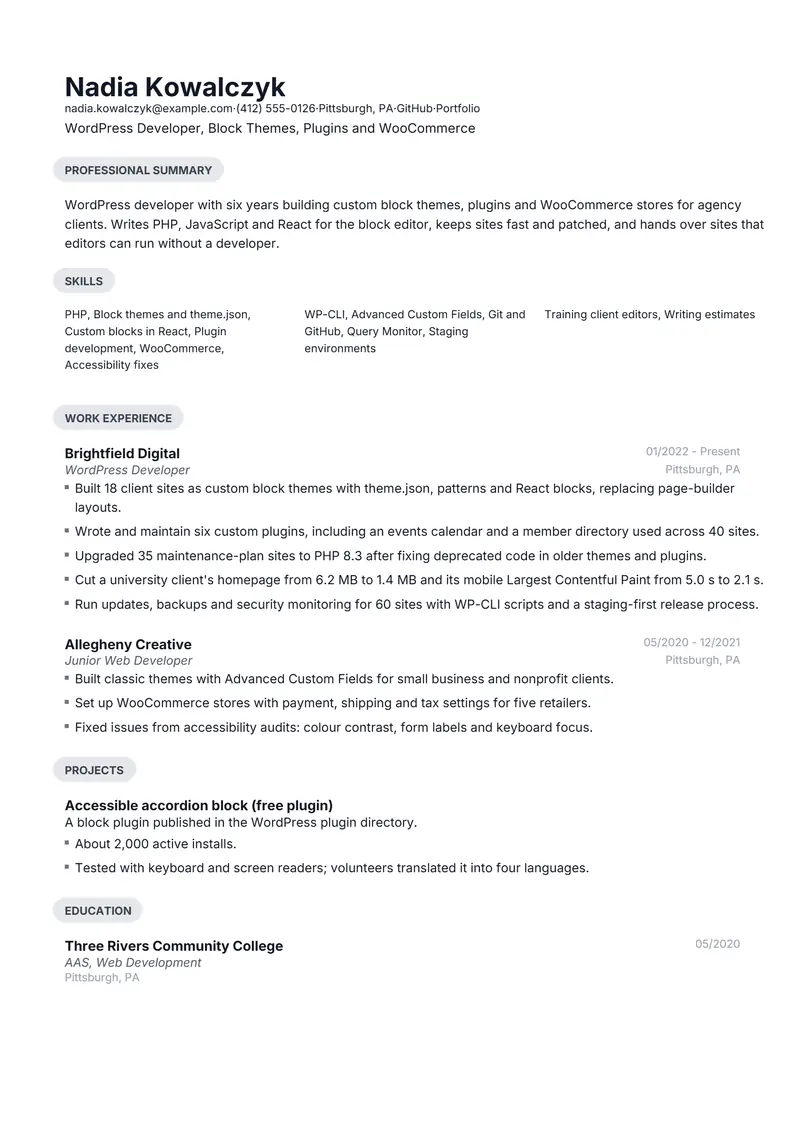 WordPress Developer resume template sample in Daniel, page 1: fictional WordPress Developer, Block Themes, Plugins and WooCommerce