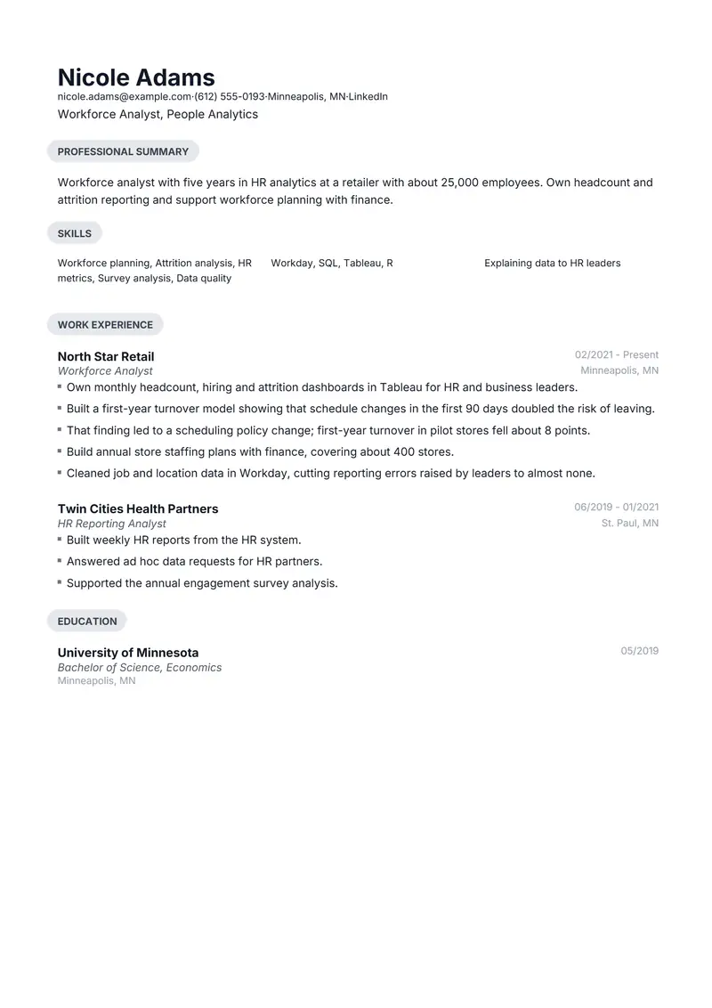 Workforce Analyst resume template sample in Daniel, page 1: fictional Workforce Analyst, People Analytics