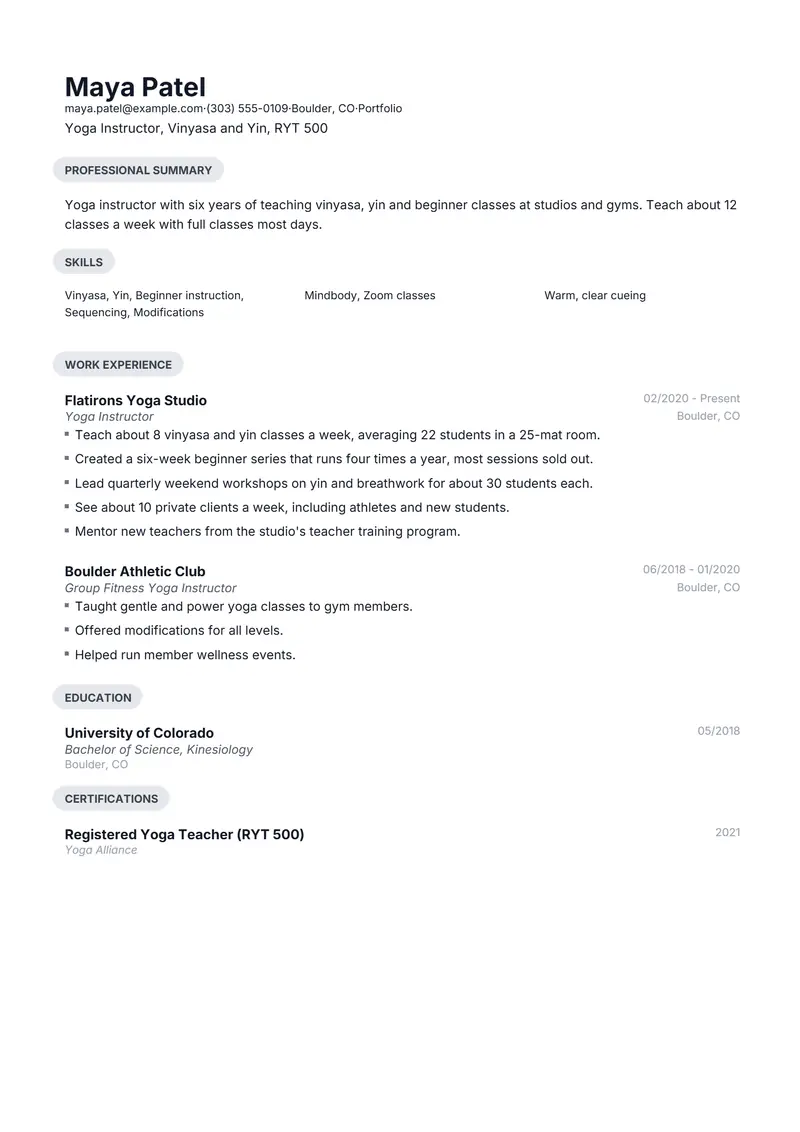 Yoga Instructor resume template sample in Daniel, page 1: fictional Yoga Instructor, Vinyasa and Yin, RYT 500