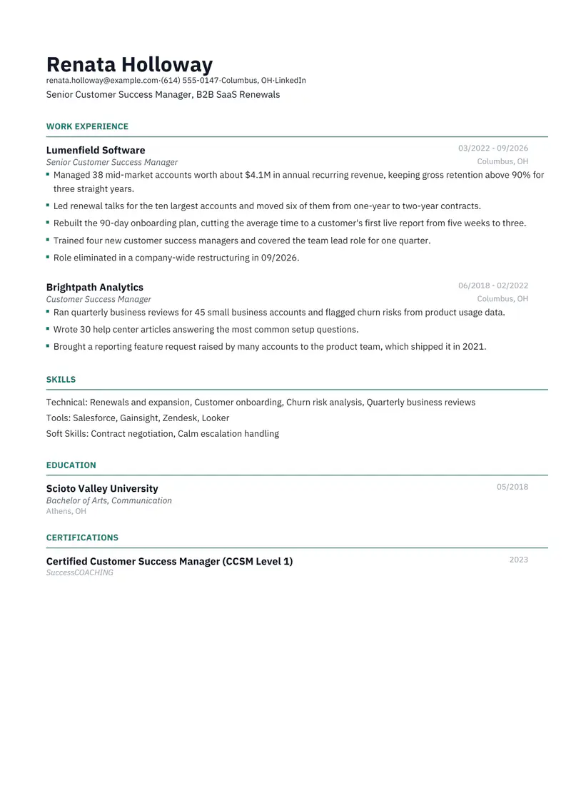 After a layoff resume template sample in Catalyst, page 1: fictional Senior Customer Success Manager, B2B SaaS Renewals