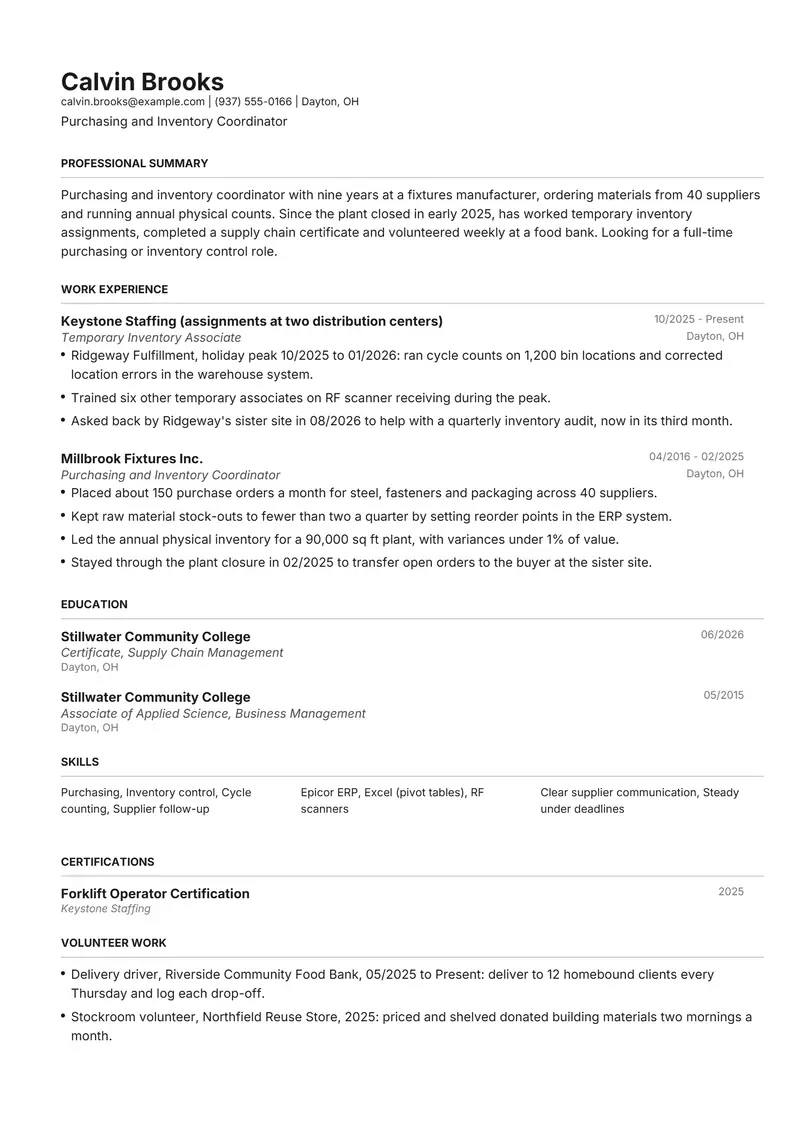 After long unemployment resume template sample in Henrietta, page 1: fictional Purchasing and Inventory Coordinator