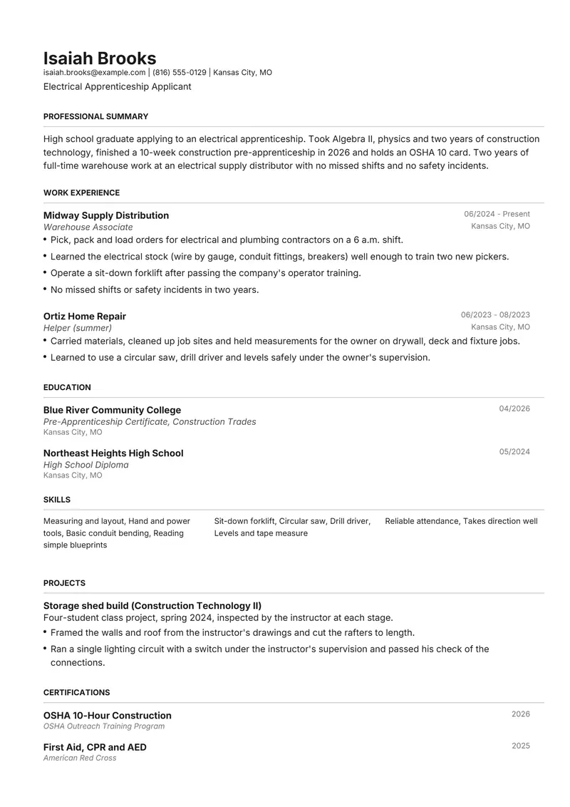 Apprenticeship application resume template sample in Henrietta, page 1: fictional Electrical Apprenticeship Applicant