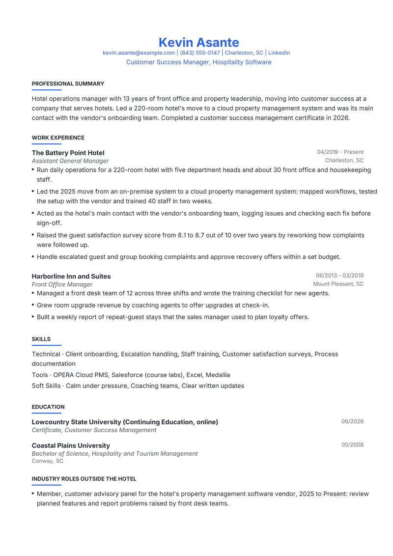 Career change at 40 resume template sample in Leslie, page 1: fictional Customer Success Manager, Hospitality Software