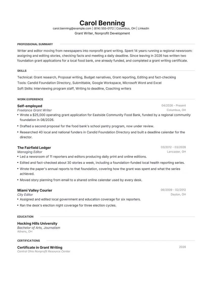 Career change at 50 resume template sample in Meridian, page 1: fictional Grant Writer, Nonprofit Development