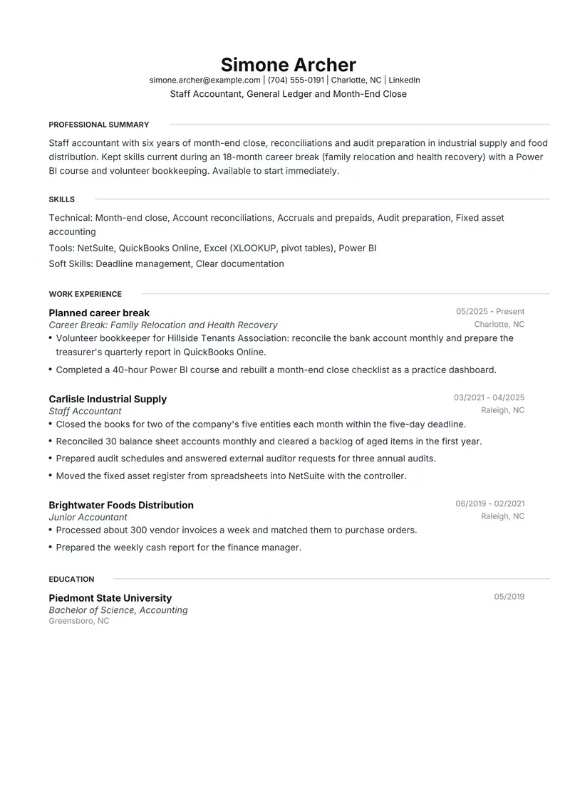Career gap resume template sample in Meridian, page 1: fictional Staff Accountant, General Ledger and Month-End Close