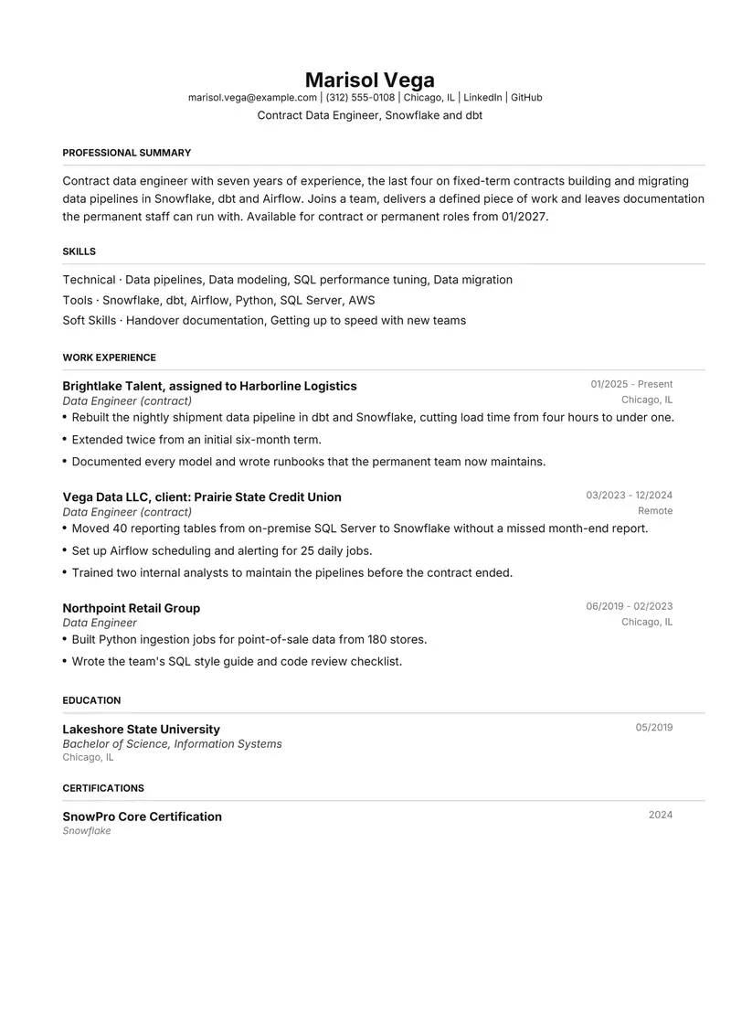 Contract work resume template sample in FAANGPath, page 1: fictional Contract Data Engineer, Snowflake and dbt