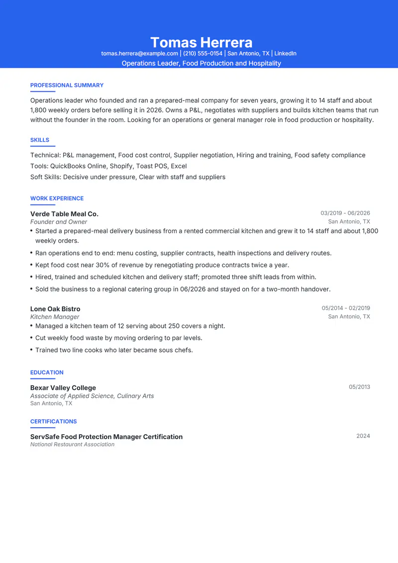 Entrepreneur resume template sample in Olivia, page 1: fictional Operations Leader, Food Production and Hospitality