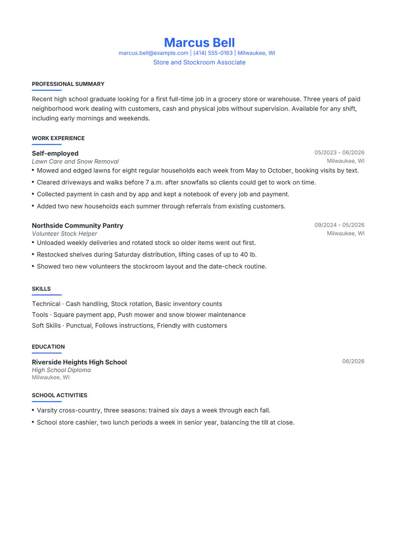 First job resume template sample in Leslie, page 1: fictional Store and Stockroom Associate
