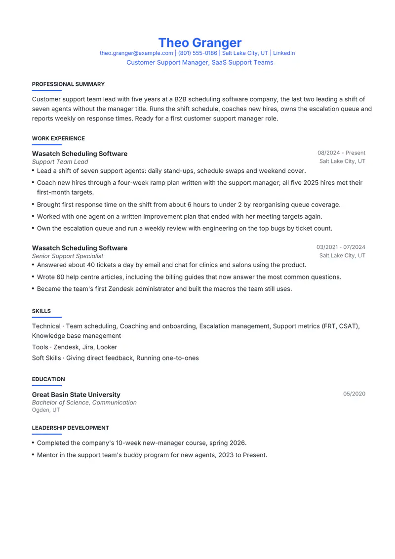 First management role resume template sample in Leslie, page 1: fictional Customer Support Manager, SaaS Support Teams