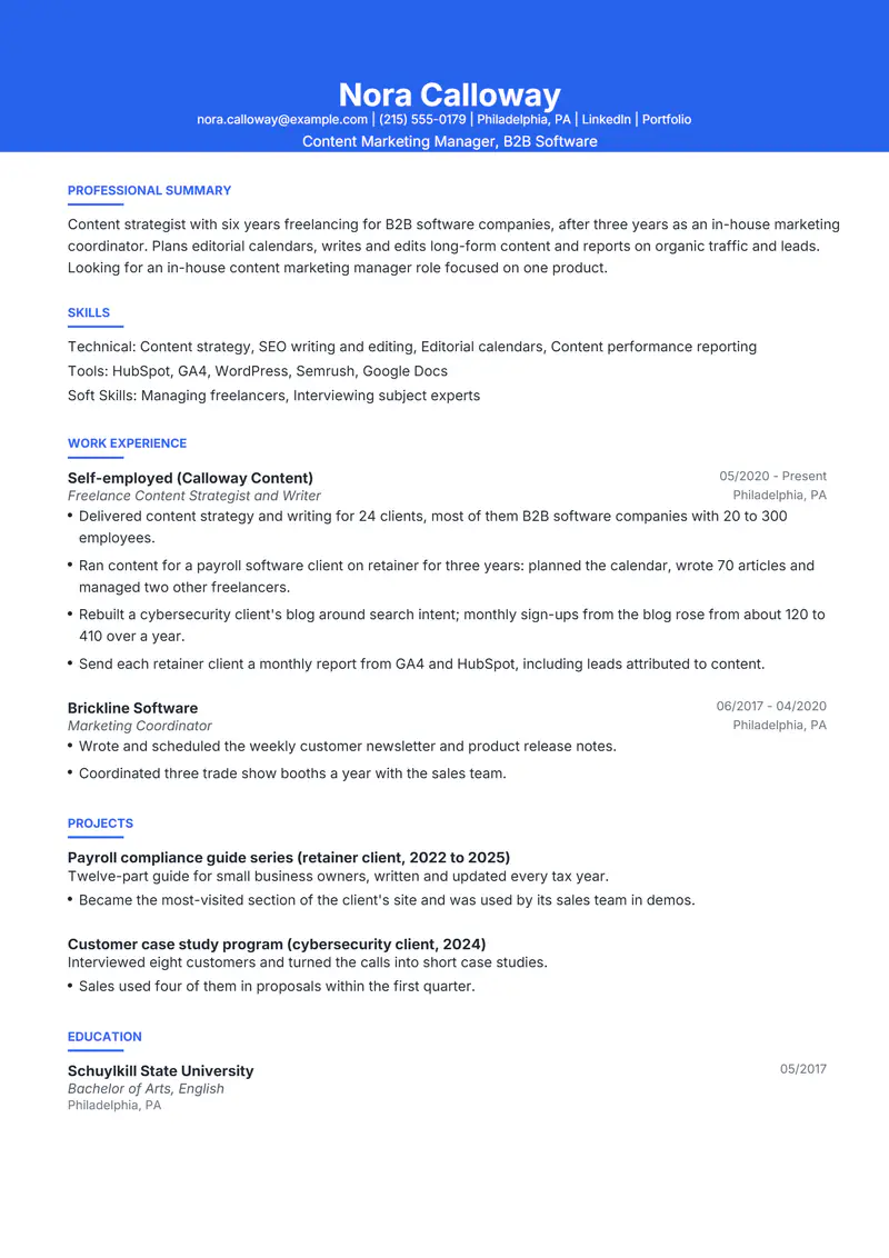 Freelance to full-time resume template sample in Olivia, page 1: fictional Content Marketing Manager, B2B Software