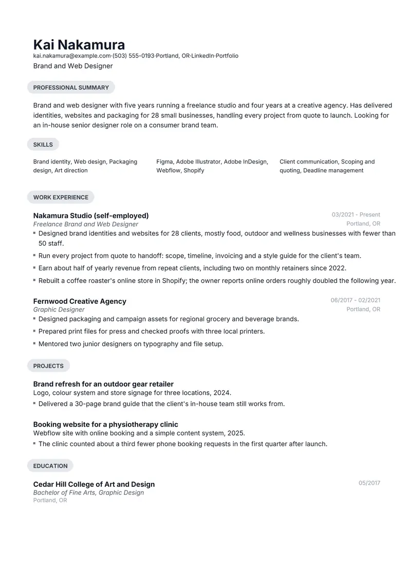 Freelance work resume template sample in Daniel, page 1: fictional Brand and Web Designer