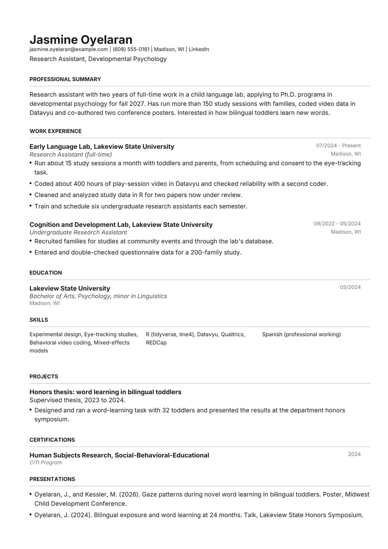 Graduate school application resume template sample in Henrietta, page 1: fictional Research Assistant, Developmental Psychology