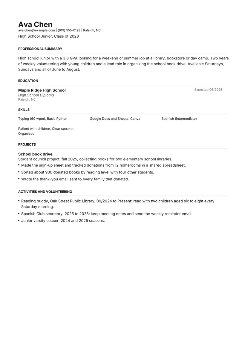 High school student resume template sample in Henrietta, page 1: fictional High School Junior, Class of 2028