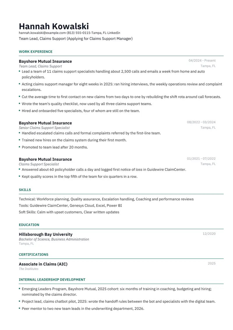 Internal promotion resume template sample in Catalyst, page 1: fictional Team Lead, Claims Support (Applying for Claims Support Manager)