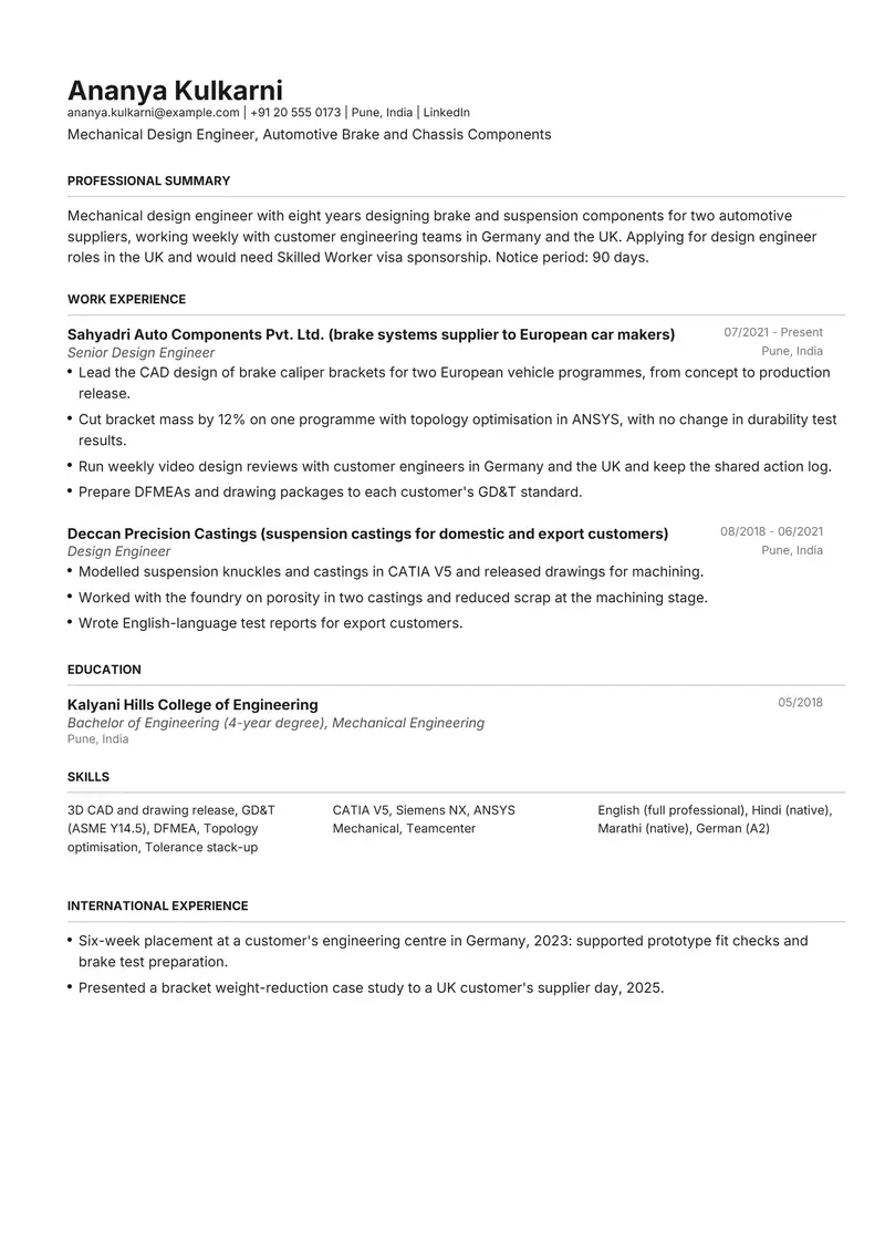 Applying abroad resume template sample in Henrietta, page 1: fictional Mechanical Design Engineer, Automotive Brake and Chassis Components