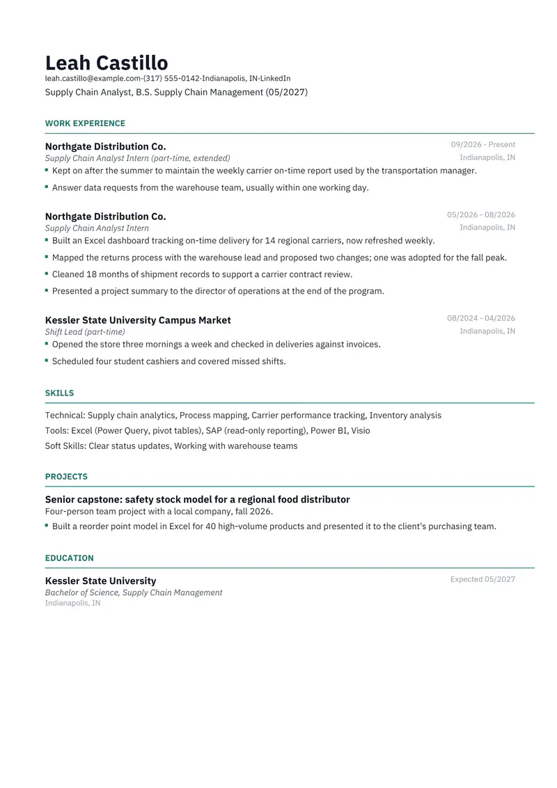 Full-time after internship resume template sample in Catalyst, page 1: fictional Supply Chain Analyst, B.S. Supply Chain Management (05/2027)