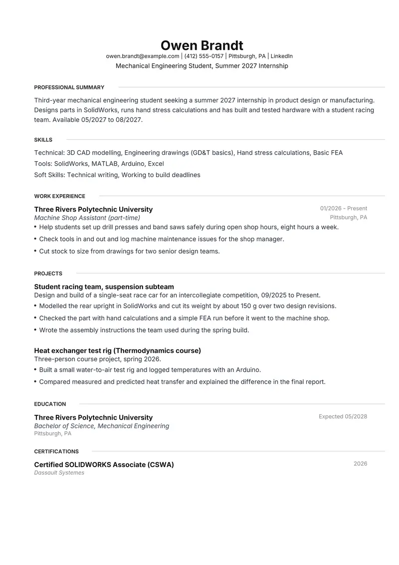 Student internship resume template sample in Meridian, page 1: fictional Mechanical Engineering Student, Summer 2027 Internship