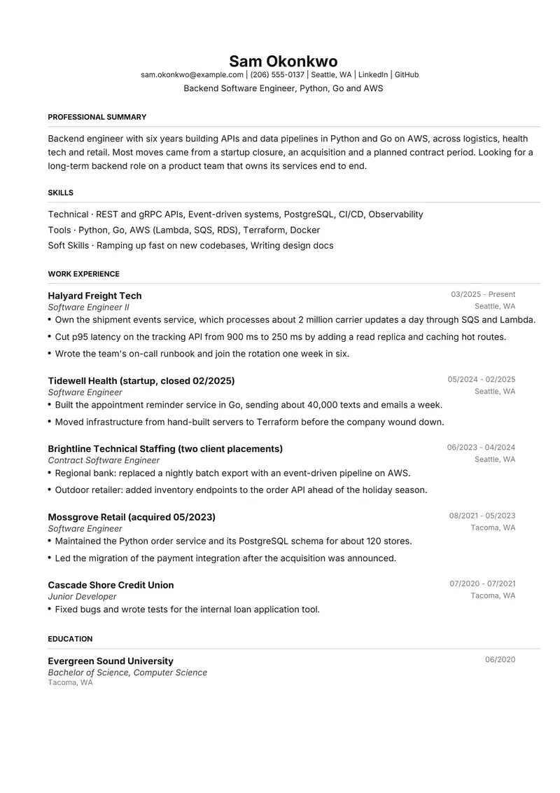 Job hopping resume template sample in FAANGPath, page 1: fictional Backend Software Engineer, Python, Go and AWS