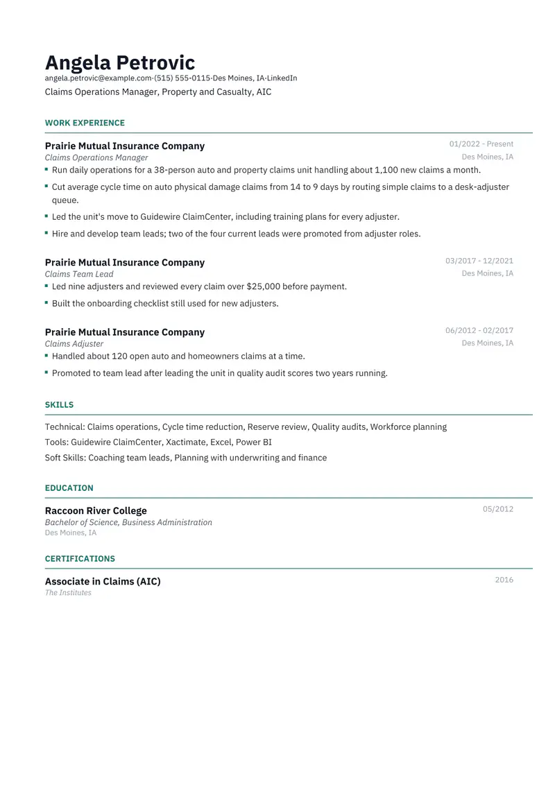 Long tenure at one company resume template sample in Catalyst, page 1: fictional Claims Operations Manager, Property and Casualty, AIC