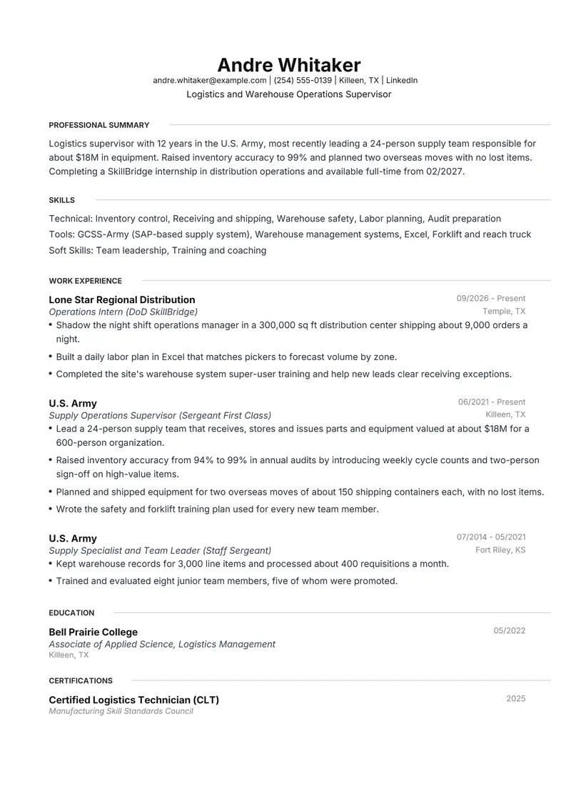 Military transition resume template sample in Meridian, page 1: fictional Logistics and Warehouse Operations Supervisor