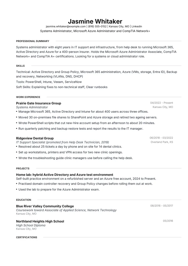 No college degree resume template sample in Meridian, page 1: fictional Systems Administrator, Microsoft Azure Administrator and CompTIA Network+