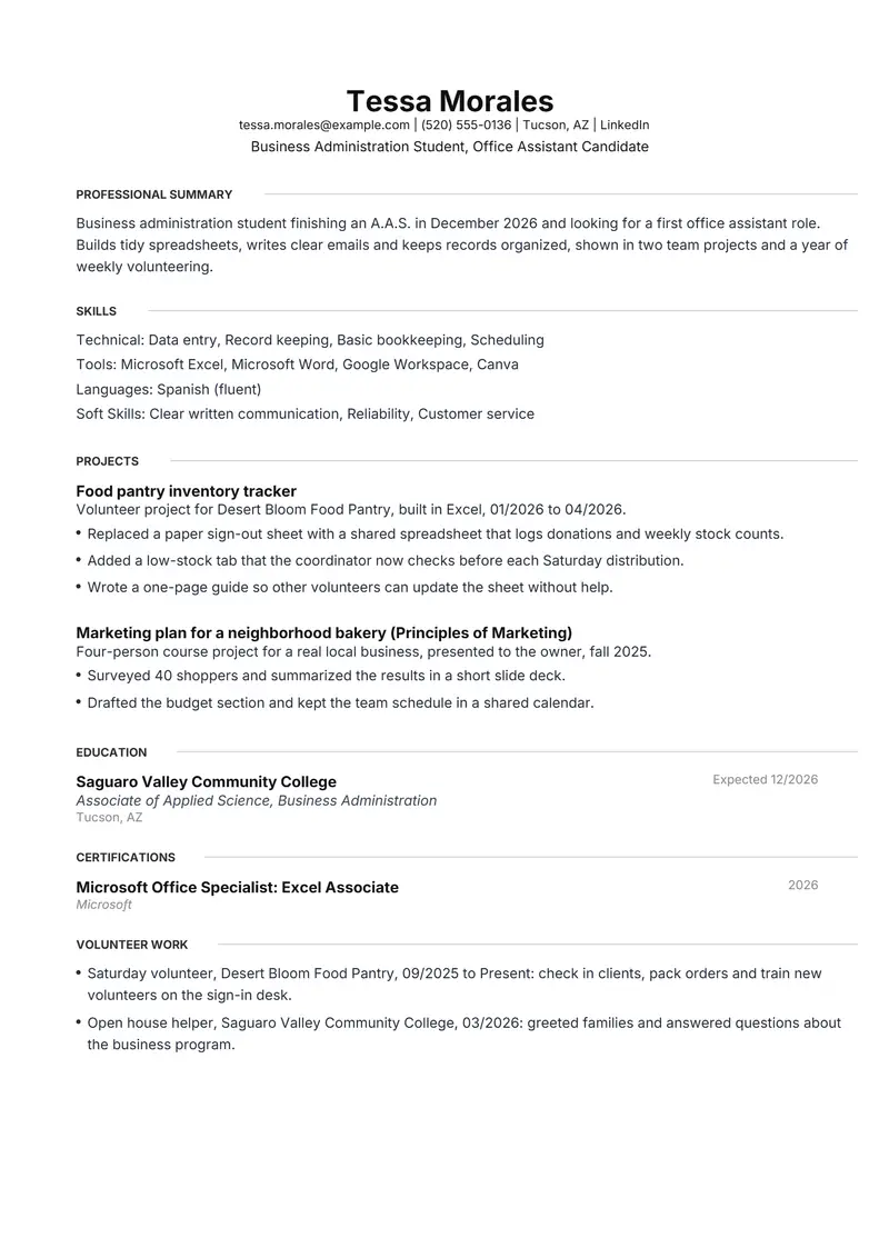 No experience resume template sample in Meridian, page 1: fictional Business Administration Student, Office Assistant Candidate