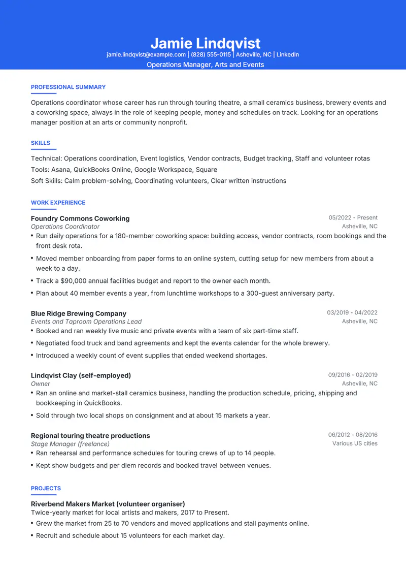 Nontraditional career path resume template sample in Olivia, page 1: fictional Operations Manager, Arts and Events