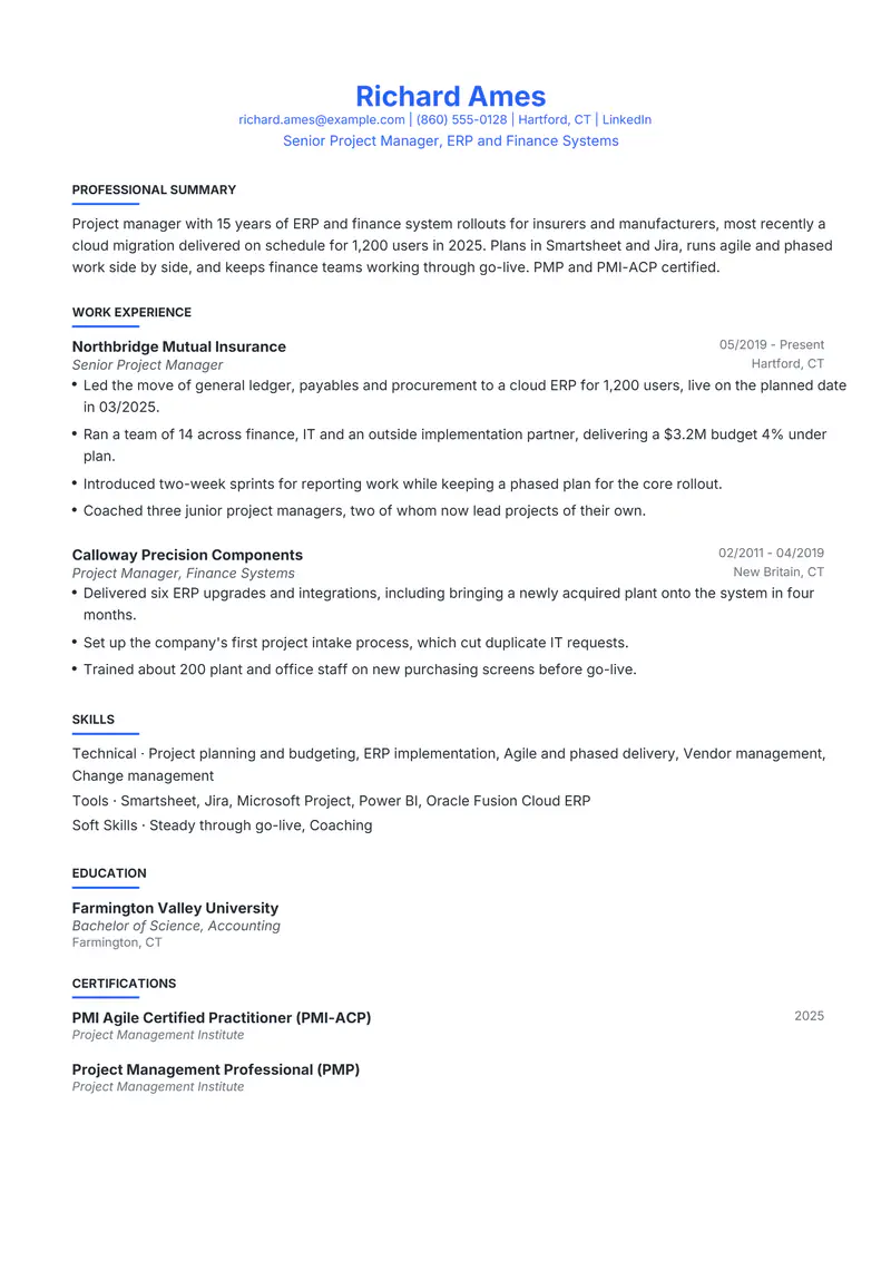 Over 50 resume template sample in Leslie, page 1: fictional Senior Project Manager, ERP and Finance Systems