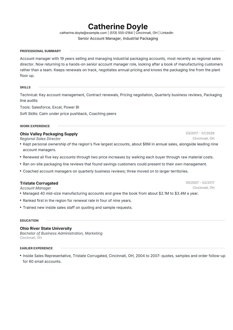 Overqualified resume template sample in Meridian, page 1: fictional Senior Account Manager, Industrial Packaging