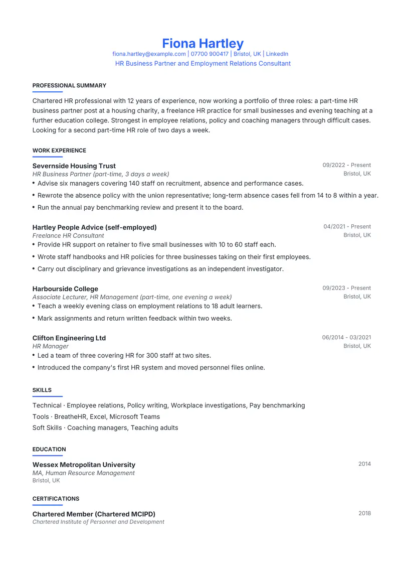 Portfolio career resume template sample in Leslie, page 1: fictional HR Business Partner and Employment Relations Consultant