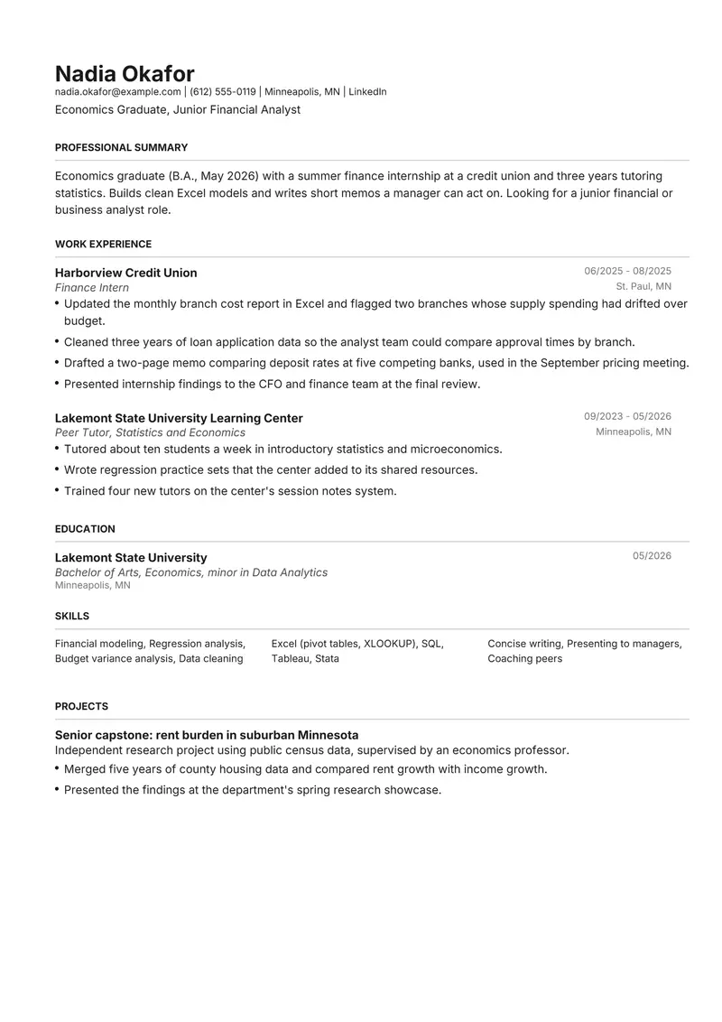 Recent graduate resume template sample in Henrietta, page 1: fictional Economics Graduate, Junior Financial Analyst