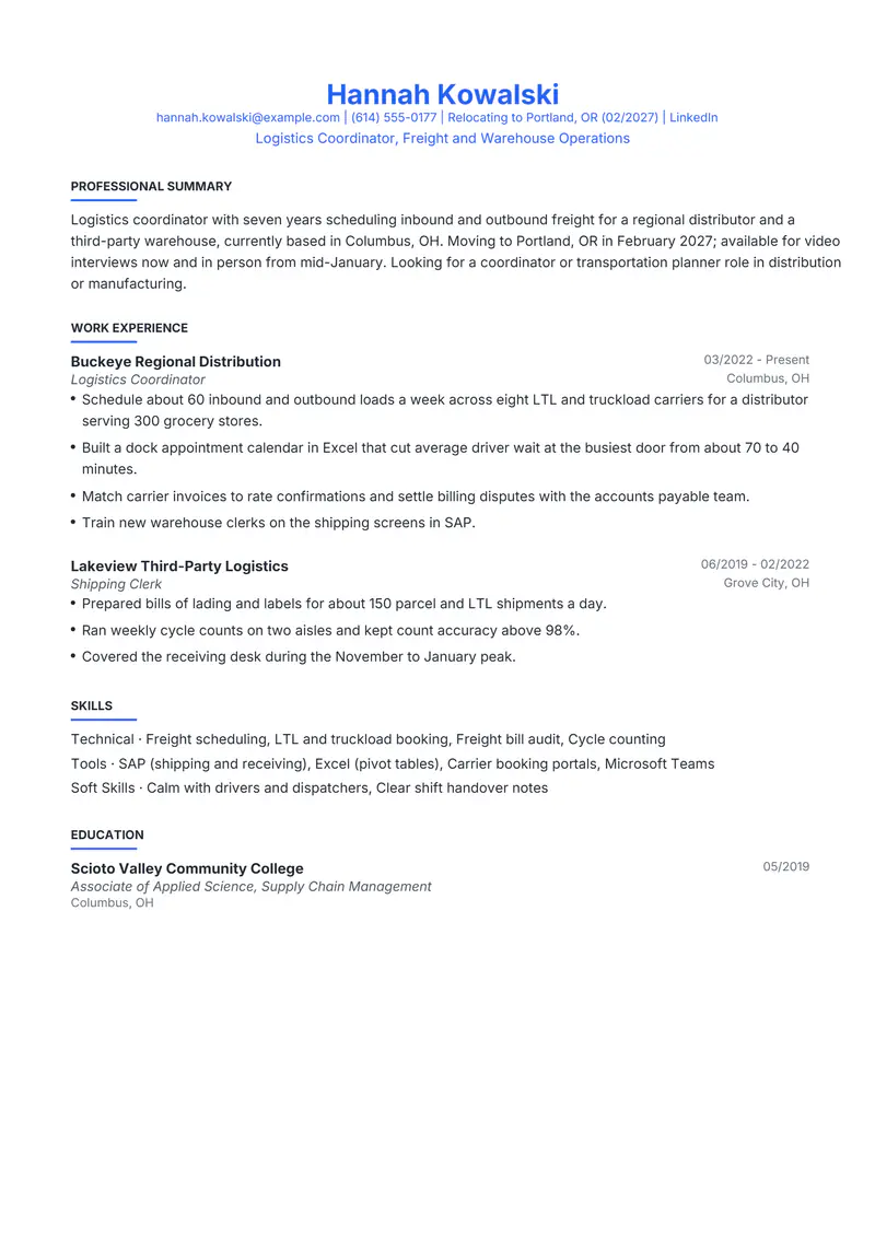 Relocating resume template sample in Leslie, page 1: fictional Logistics Coordinator, Freight and Warehouse Operations