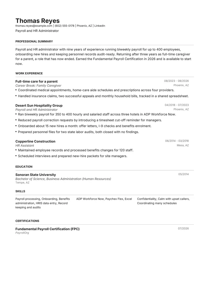 Returning after caregiving resume template sample in Henrietta, page 1: fictional Payroll and HR Administrator