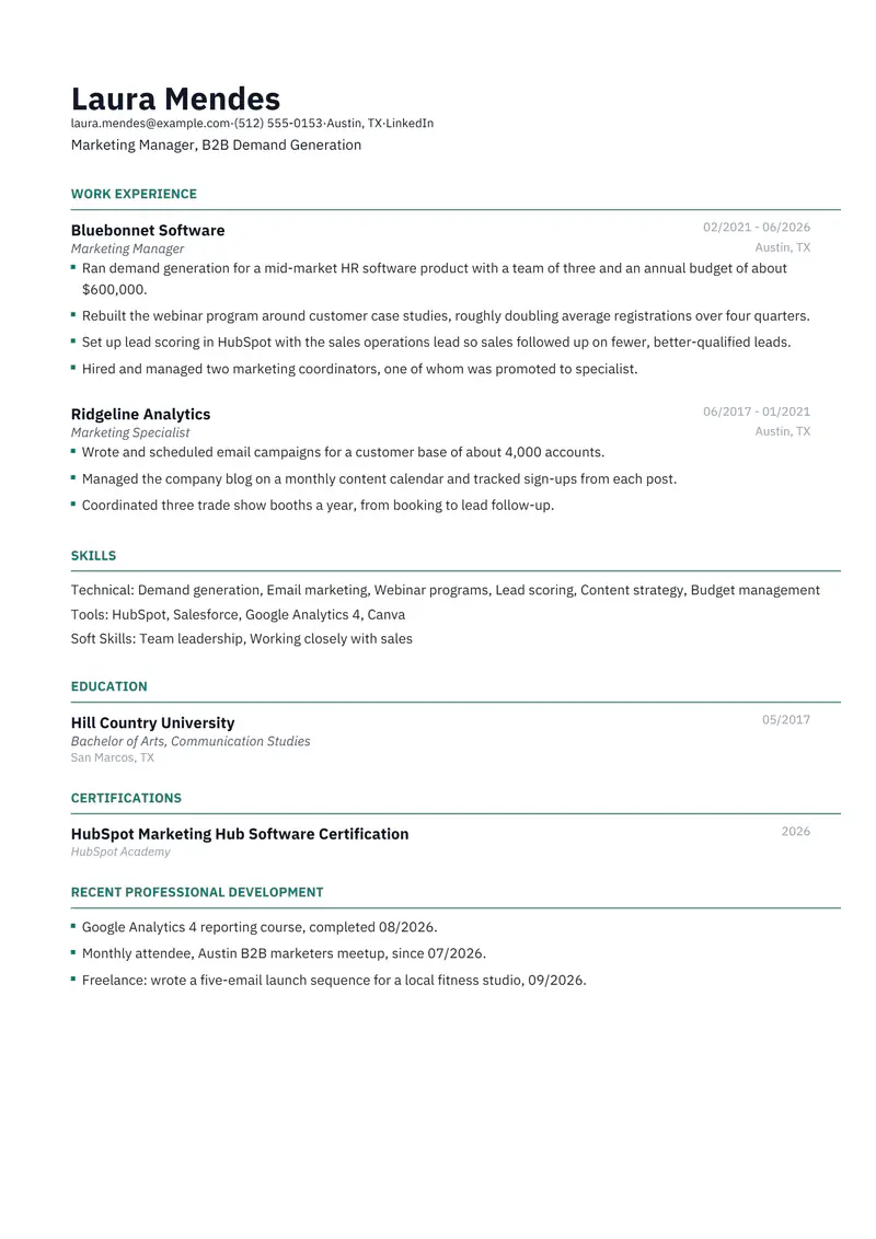 Returning after parental leave resume template sample in Catalyst, page 1: fictional Marketing Manager, B2B Demand Generation