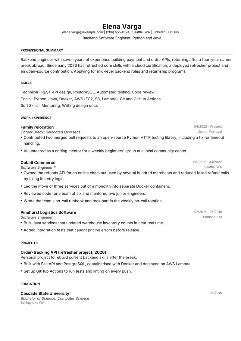 Returning to work resume template sample in FAANGPath, page 1: fictional Backend Software Engineer, Python and Java