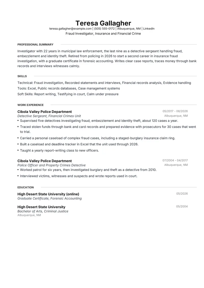 Second career resume template sample in Meridian, page 1: fictional Fraud Investigator, Insurance and Financial Crime
