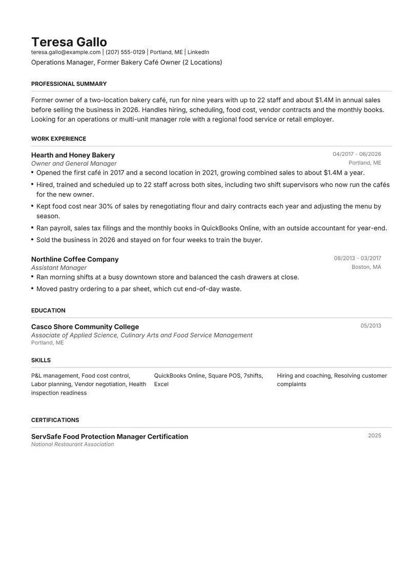 Small business owner resume template sample in Henrietta, page 1: fictional Operations Manager, Former Bakery Café Owner (2 Locations)