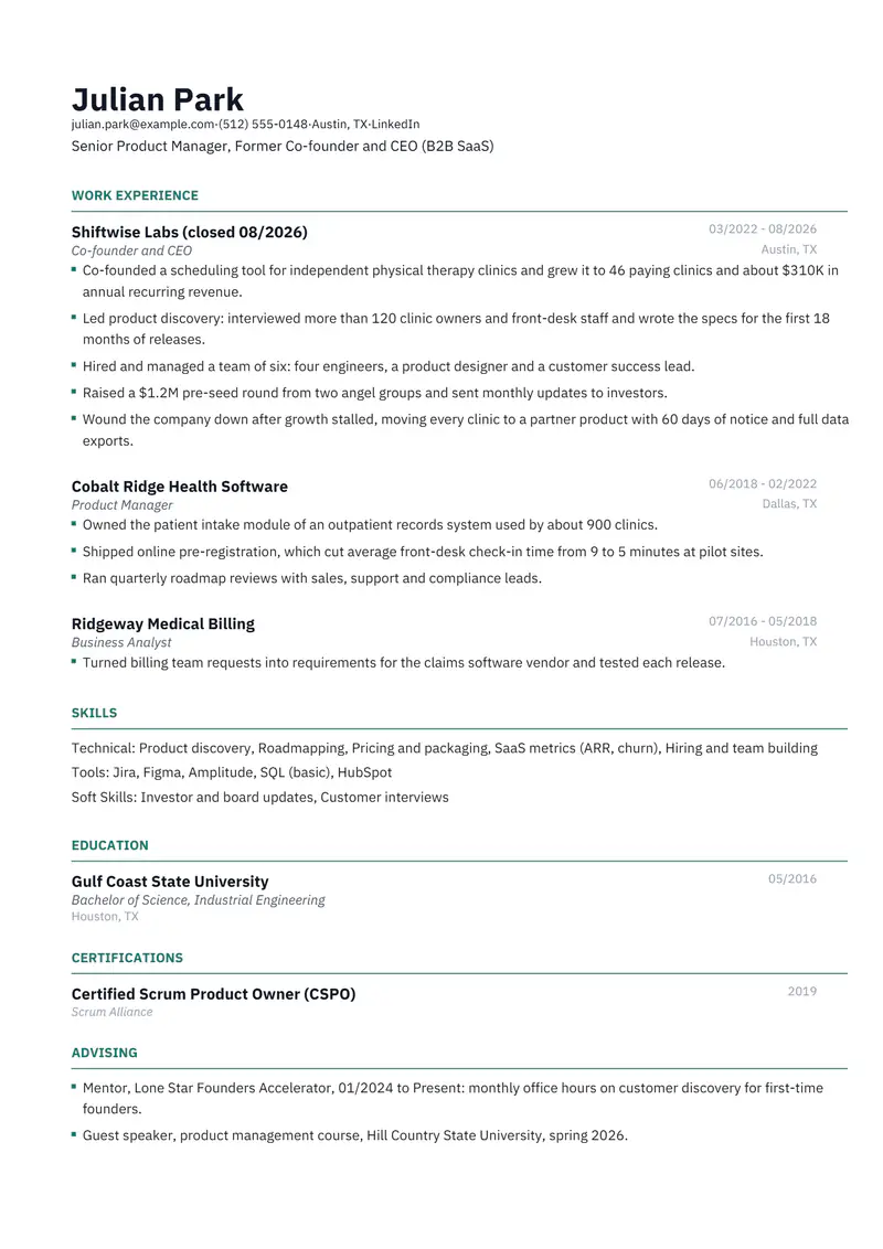 Startup founder resume template sample in Catalyst, page 1: fictional Senior Product Manager, Former Co-founder and CEO (B2B SaaS)