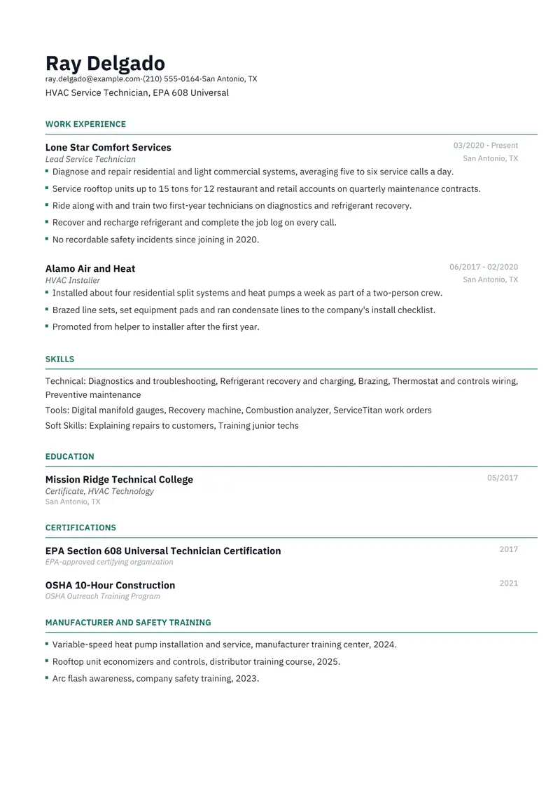 Skilled trade career resume template sample in Catalyst, page 1: fictional HVAC Service Technician, EPA 608 Universal