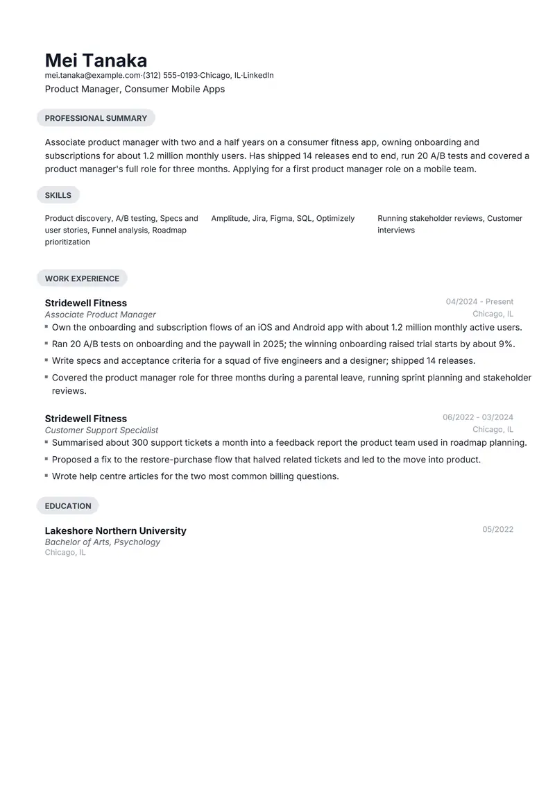 Underqualified (stretch job) resume template sample in Daniel, page 1: fictional Product Manager, Consumer Mobile Apps