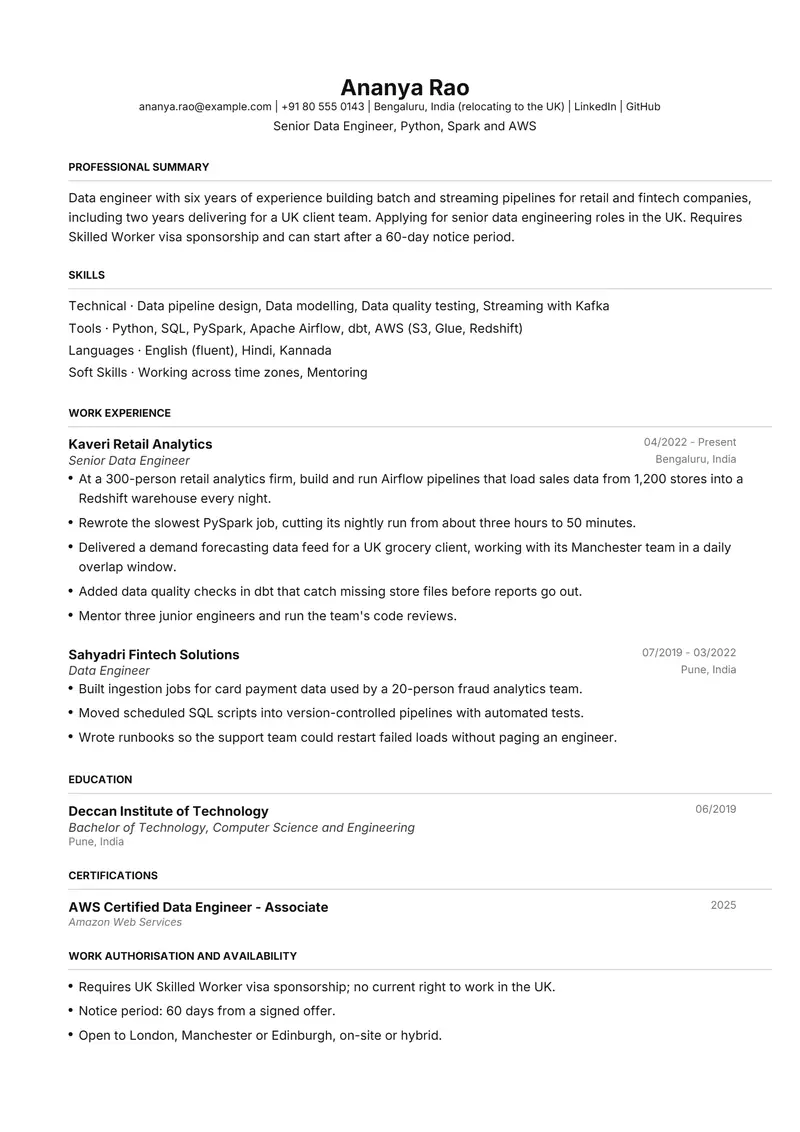 Visa sponsorship job search resume template sample in FAANGPath, page 1: fictional Senior Data Engineer, Python, Spark and AWS